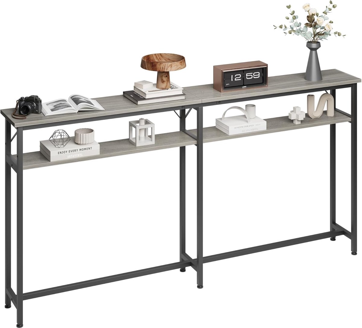 Extra Lange Sidetable - 180 cm - Smalle Consoletafel voor Achter de Bank - Wandtafel met 2 Niveaus - Industrieel Design - Voor Woonkamer of Hal - Grijs