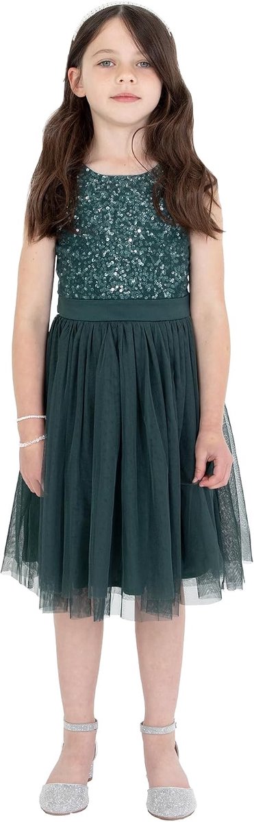 Deluxe Midi-jurk voor meisjes, pailletten, feestjurk, tutu, bruidsmeisjes, bruiloft, met ceintuur, Emerald Groen, 5-6 jaar