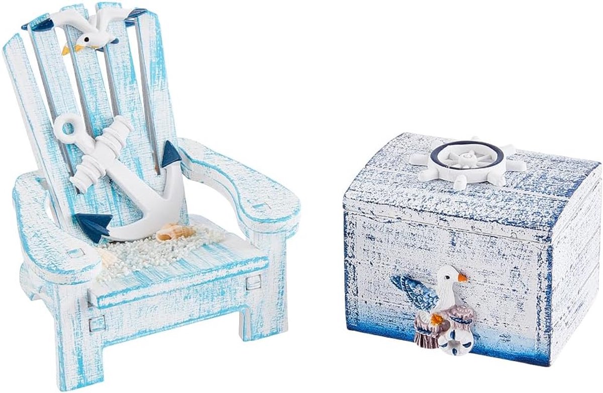 1 doos set van 2 vintage houten sieradendozen mini strandstoelen decoratieve set zomer nautisch hout motief anker en meeuw strandstoelen miniatuur voor de