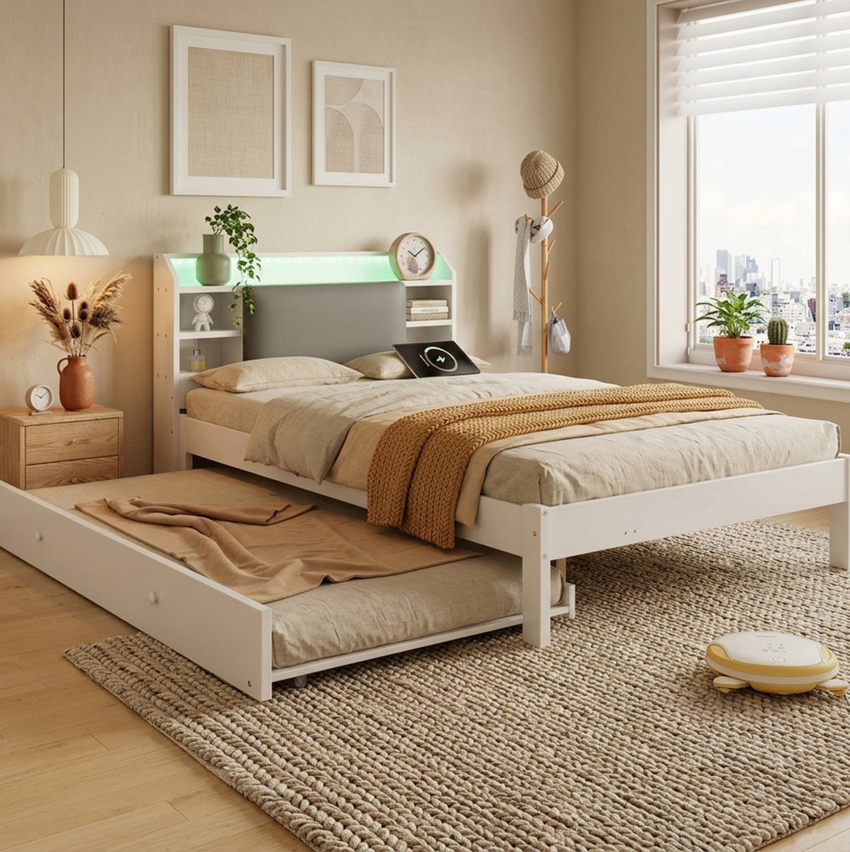 MIVRAY Bed 120x200 cm Met Uitschuifbed 90x190 cm Gepolsterd Hoofdbord Opbergvakken Ledverlichting Laadstation Hout Wit