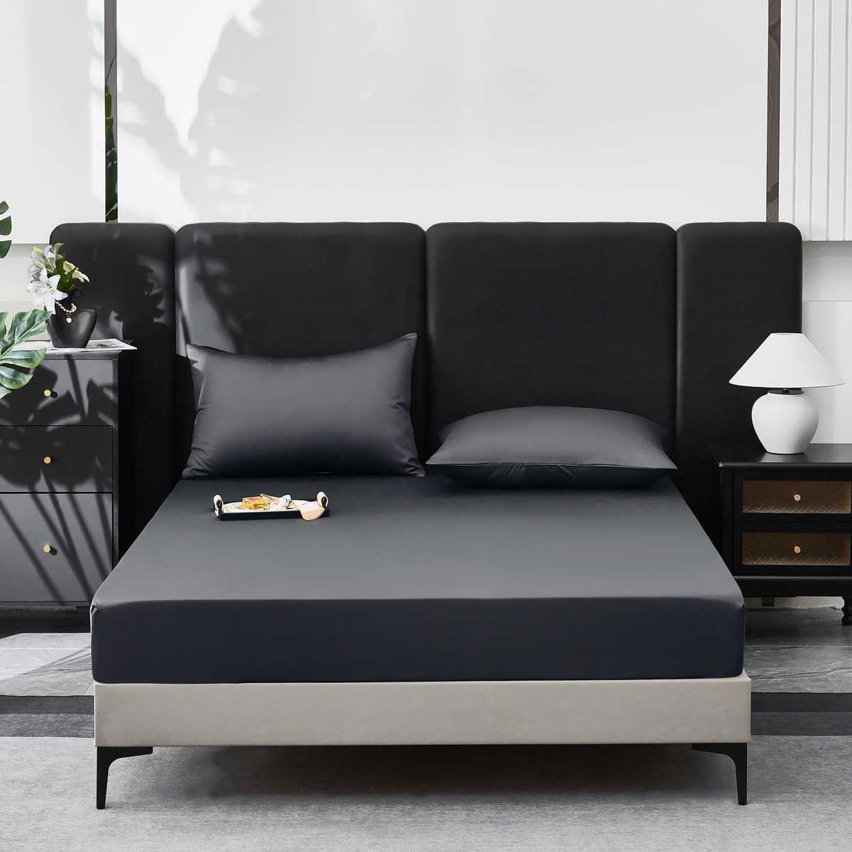 Omgoods - Fitted Sheet 180 x 200 cm Katoen Satijn - Donkergrijs