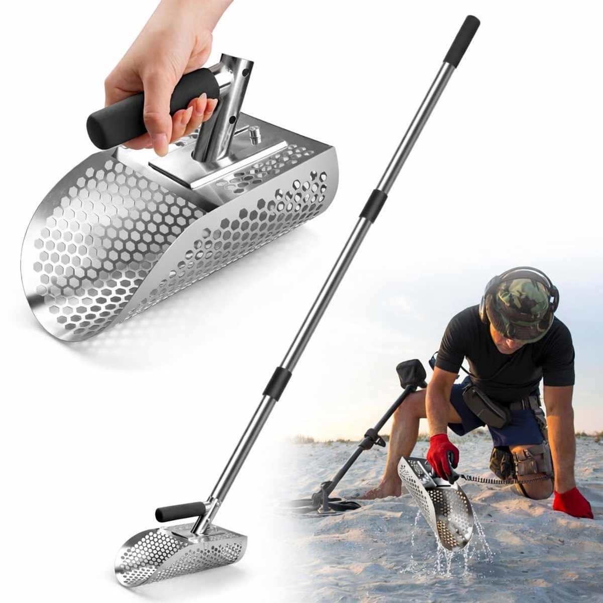 Omgoods- Metaaldetector Schep Roestvrij Staal 304 - Strandzeefschep - Afneembare Handgreep - 114 cm - Onderwaterzoeken - Professionele Detectie