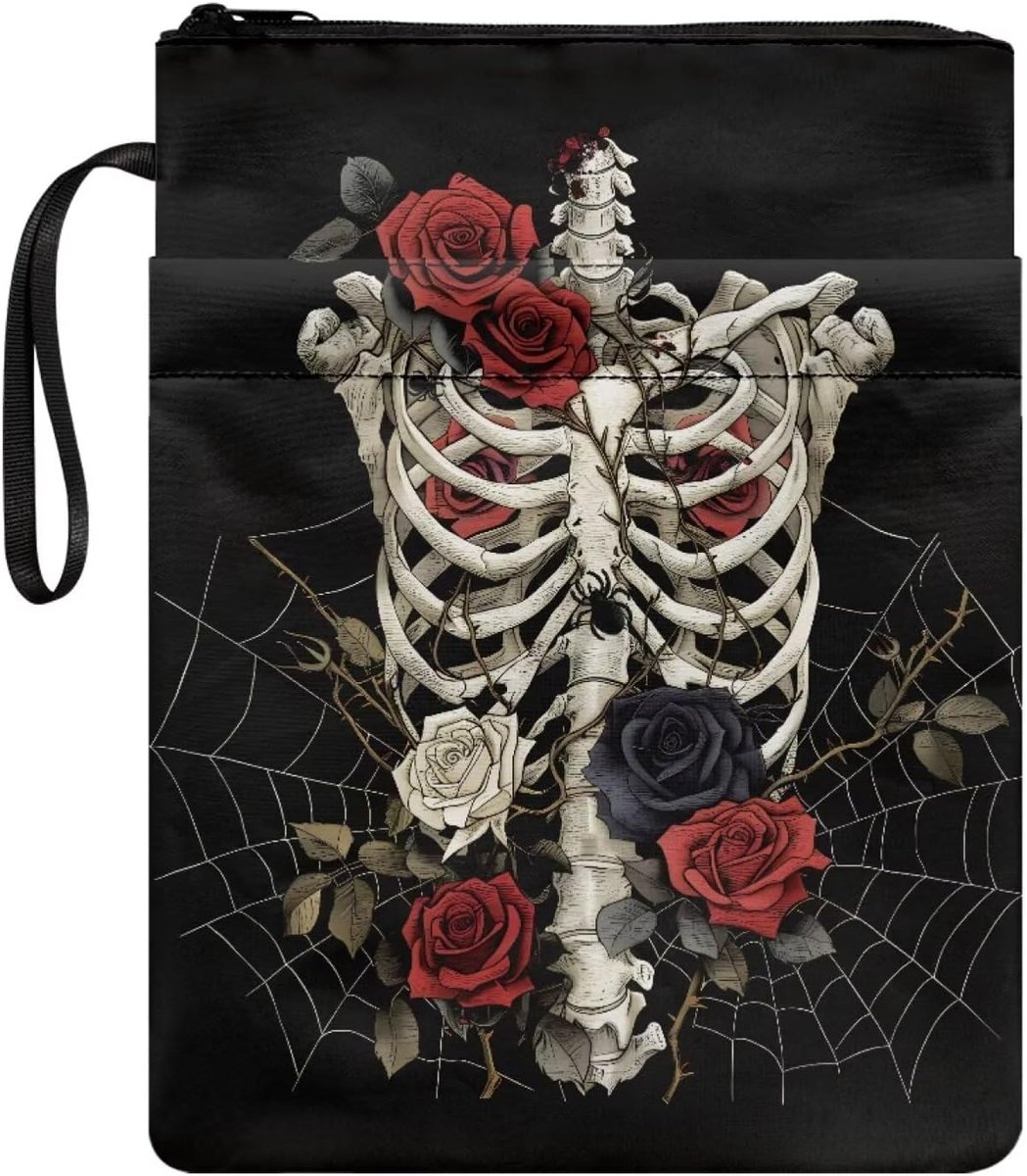 Polyester Boekhoes voor studieboeken, paperbacks, notebooks, leesaccessoires, boekentas voor reisschool, gotisch skelet rozenpatroon, zwart