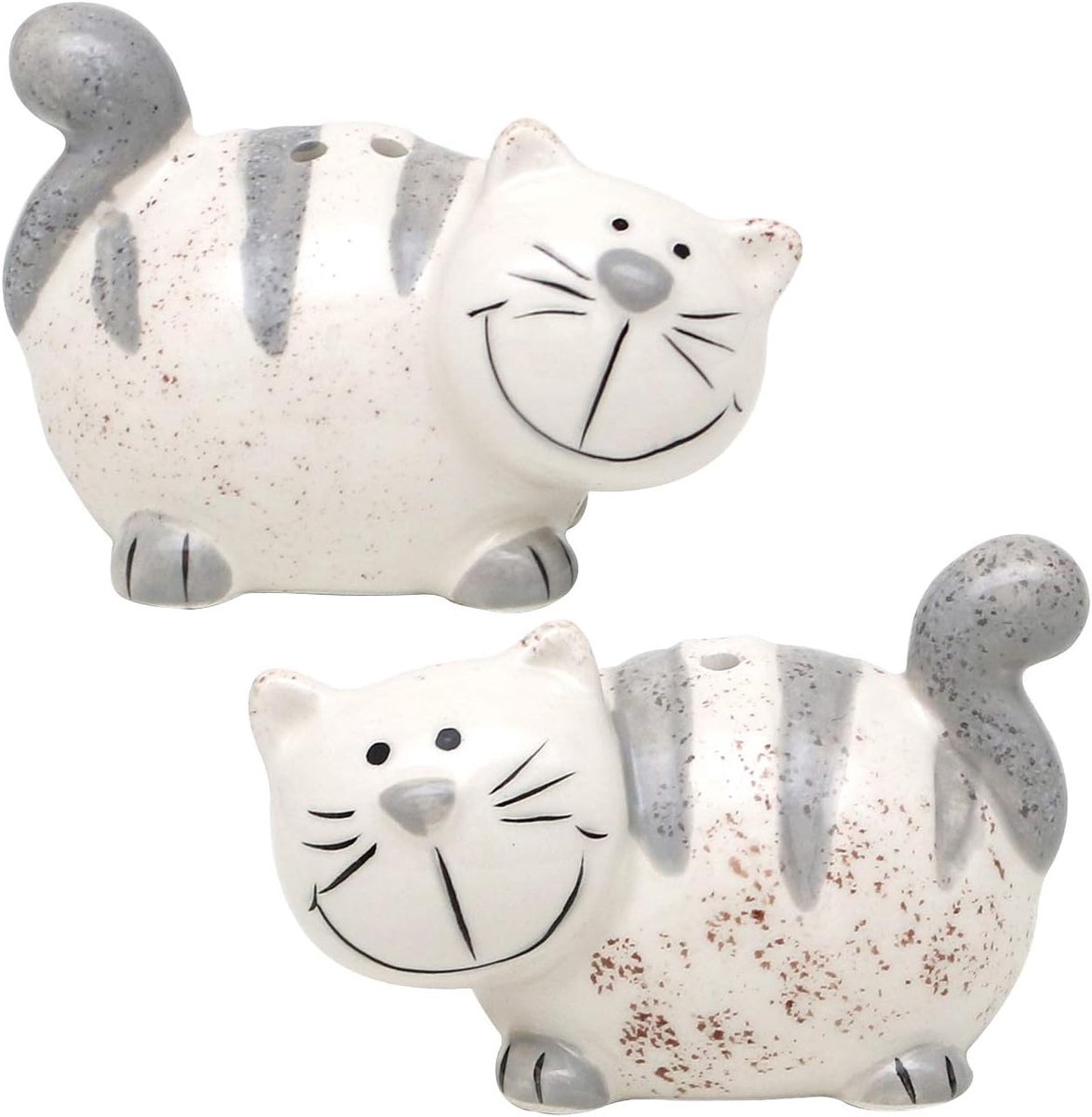 Zout-/peperstrooiers/kruidenstrooiers als katten, afmetingen ca. 7 x 6 x 7 cm.
