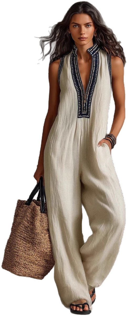 Eenvoudige mouwloze jumpsuit voor dames van linnenmix, met ritssluiting, opstaande kraag en wijde pijpen - Casual jumpsuit voor woon-werkverkeer - Maat XL