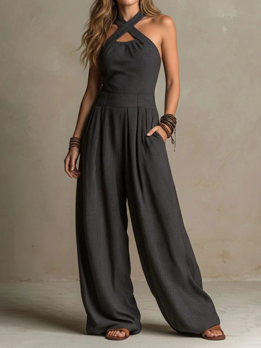 Jumpsuit met gekruiste halslijn en uitsparing, gebreide, soepelvallende, losvallende jumpsuit met wijde pijpen voor dames, casual lange jumpsuit voor op vakantie - maat XL