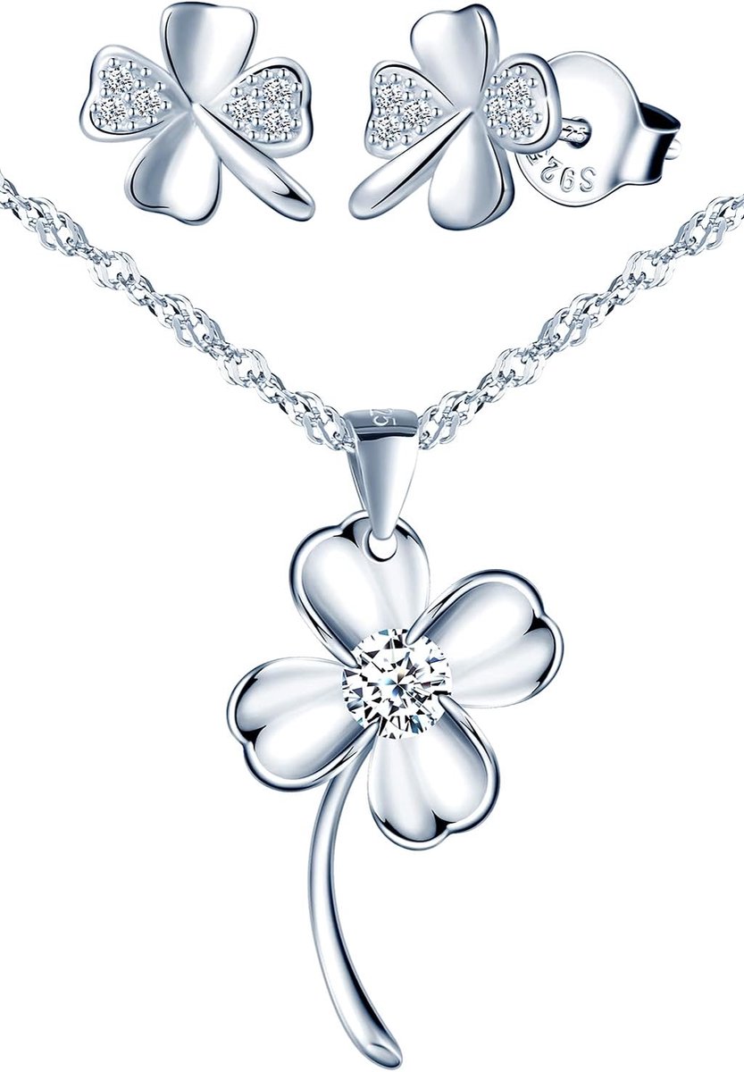 Sieradenset voor dames, klavertje met 4 blaadjes en halsketting, 925 sterling zilver, steker met witte zirkonia, geluksbrenger, Sterling zilver sterling zilver zirkonia, Zirkonia