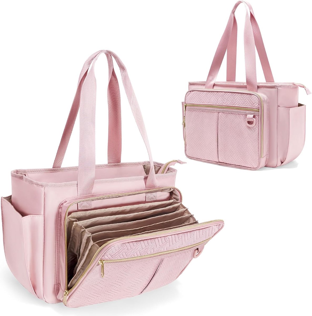 Bag voor Leraren met Accordeonvak, Grote Werktas, Roze (Patentontwerp) | 15,6 inch laptophoes, 6 accordeonvakken, 2 zijzakken, alleen lege tas