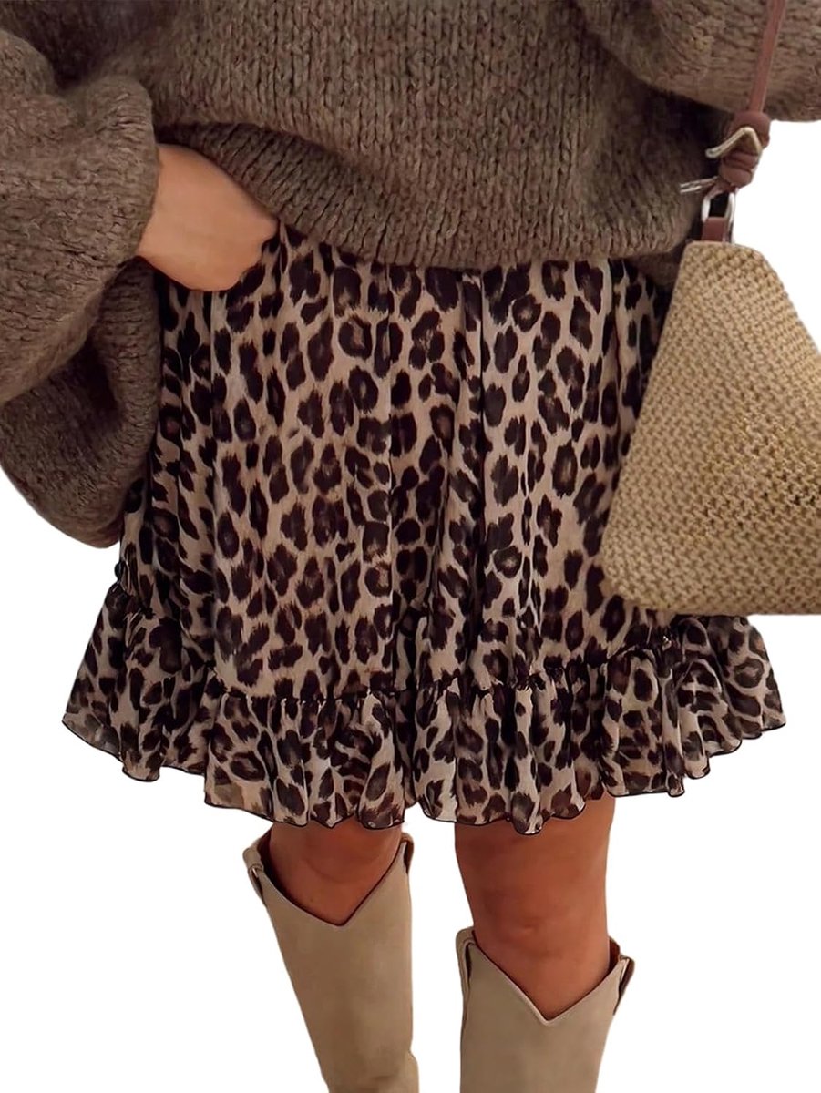 HUX Damesrok A-lijn rok luipaardpatroon zomerrok met ruches korte vrijetijdsrok uitlopende minirok casual rok strandrok partyrok zomer outfits