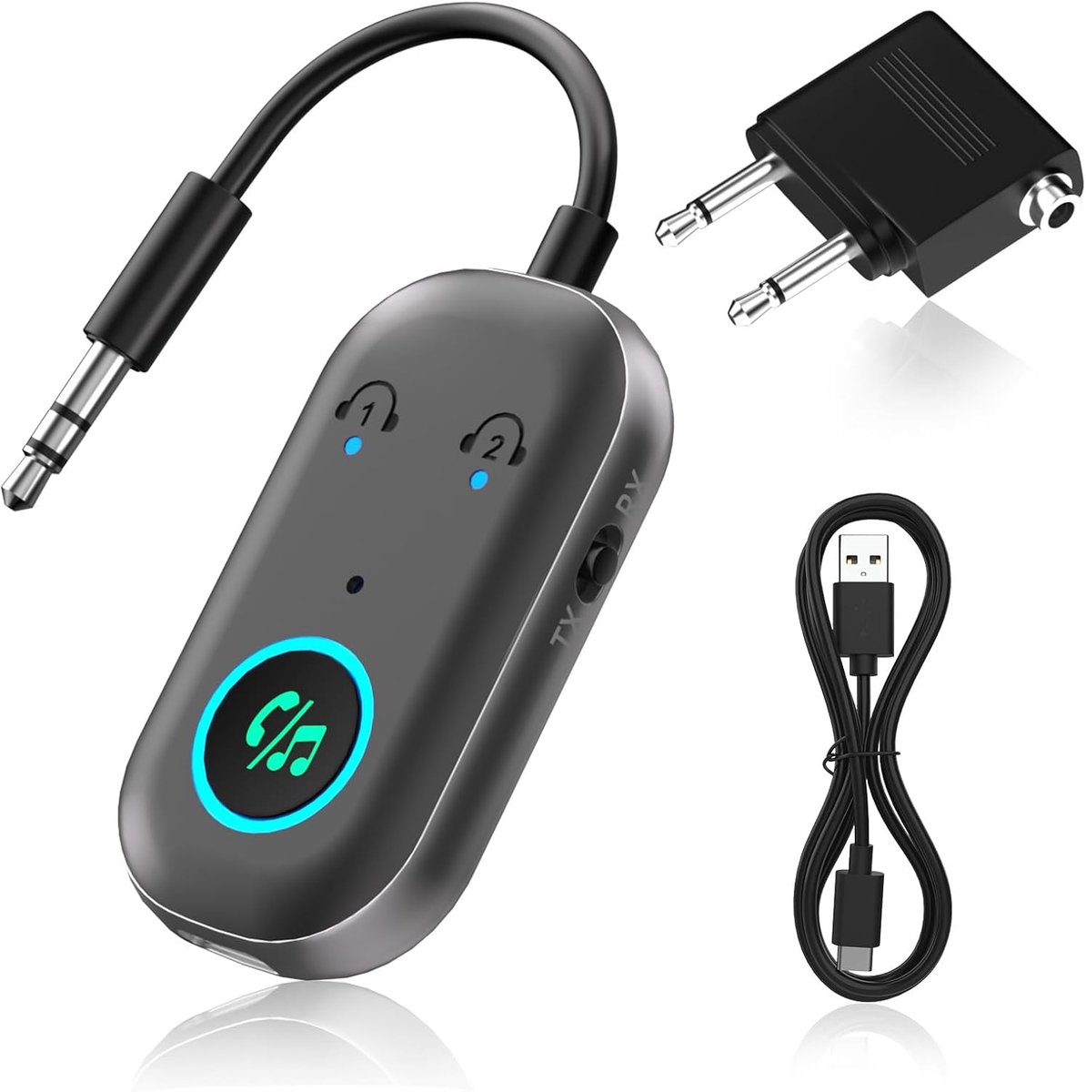 Bluetooth zenderontvanger, 2 in 1 Jack Bluetooth 5.3 zender ontvanger voor twee Airpods Blue-tooth,Bluetoo th adapter jack 3,5mm voor hoofdtelefoon,adapter compatibel met vliegtuig, TV