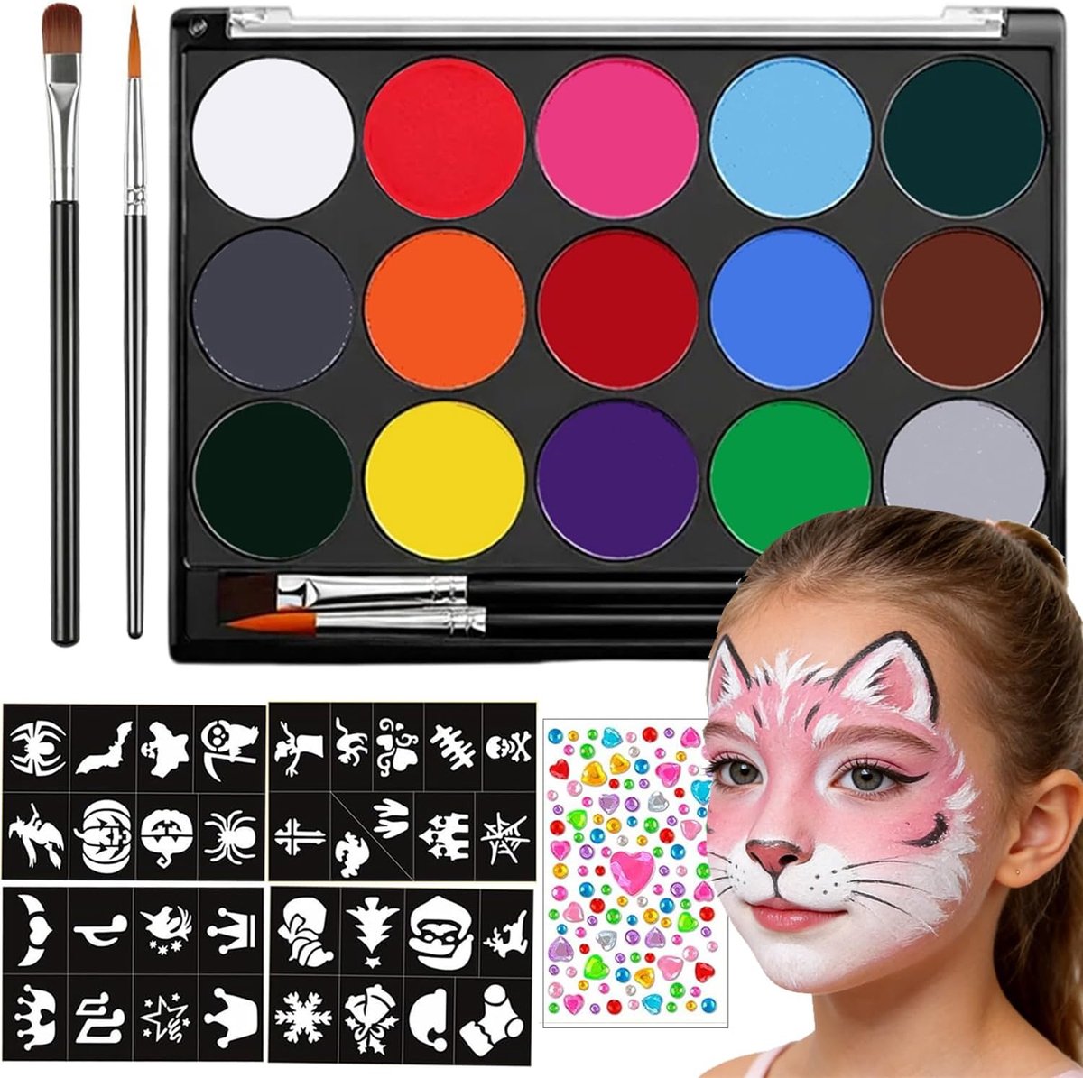 Make-up-palet, wasbare gezichtsverf, bodypaint make-upset, 34 sjablonen, 1 strass-sticker, lichaamskleur voor kinderen, voor Halloween, carnaval, make-up, carnaval (01#)