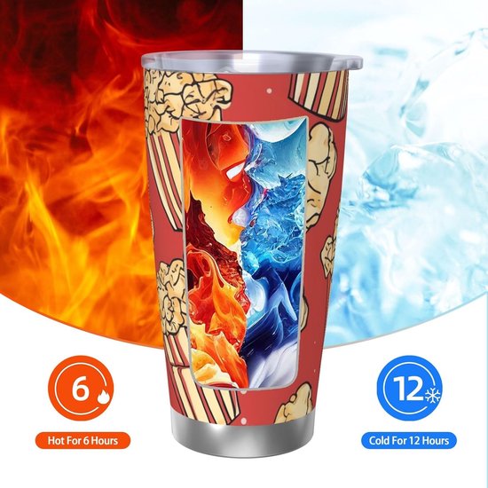 Roestvrijstalen Beker - Geïsoleerde Mok Koffiebeker - Dranken Warm Houden - Dubbelwandige Vacuüm Isolatie - 20 oz - Popcorn Print — afbeelding 2