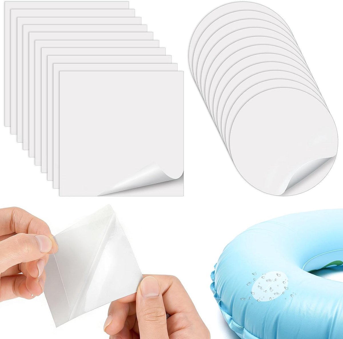 Reparatieset, 20 stuks, TPU, waterdicht, zelfklevend, voor opblaasbaar zwembad, 10 vierkanten, 7 x 7 cm + 10 rond, 6 cm, geschikt voor speelgoed, pneumatische matrassen, drijvende zwembaden