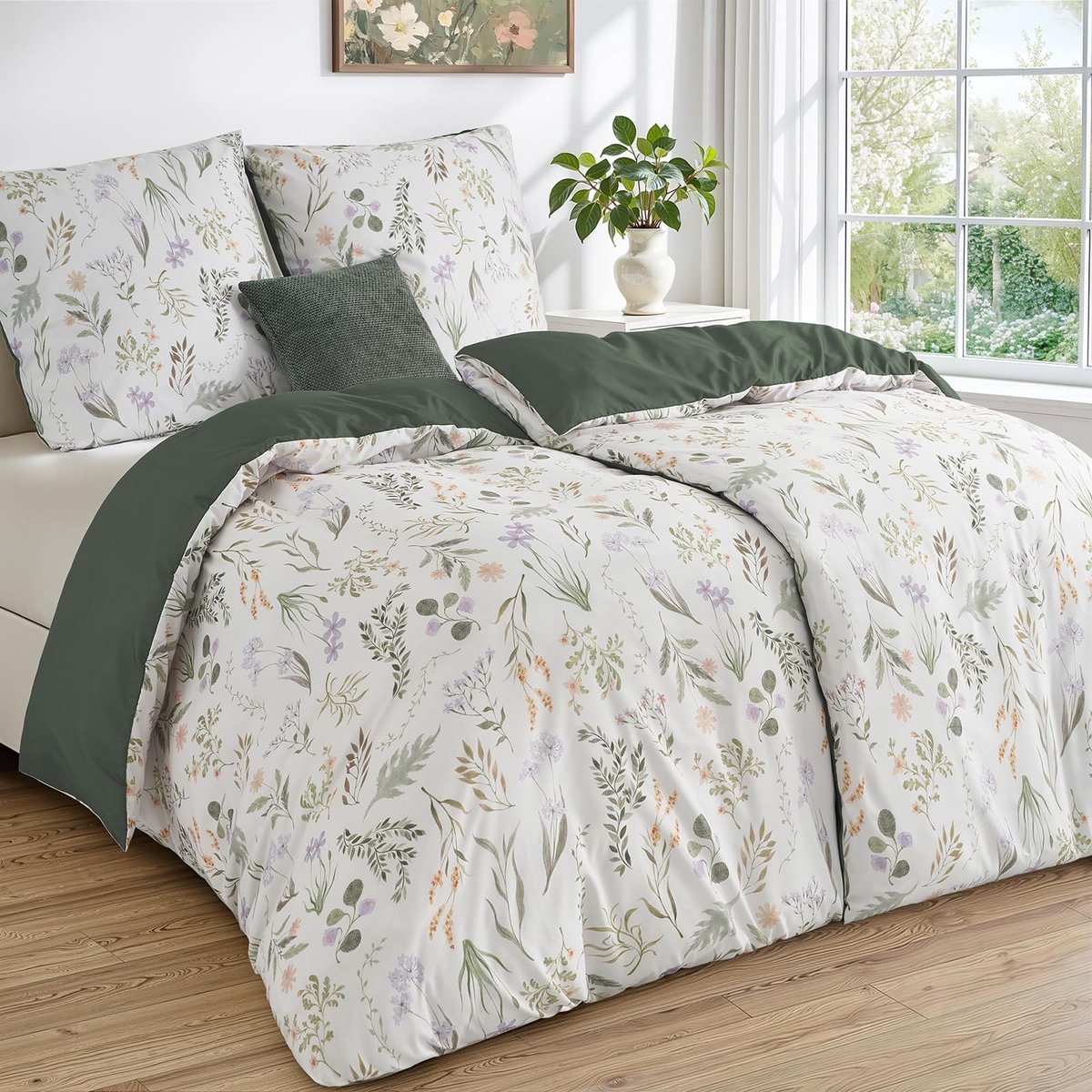 Omgoods - Olive Groene Bloemen Dekbedovertrek Set 135 x 200 cm met Kussenslopen