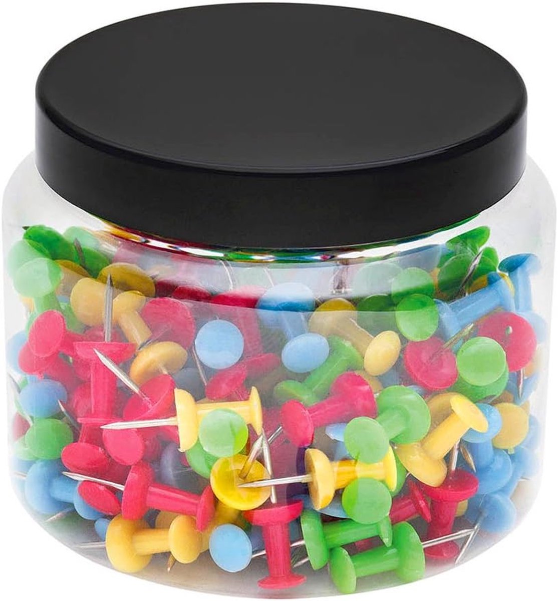 90105420079 Pinnaalden Diabolo vorm, 200 stuks, naaldlengte 12 mm, kopdiameter 10 mm in praktische doos, diverse kleuren
