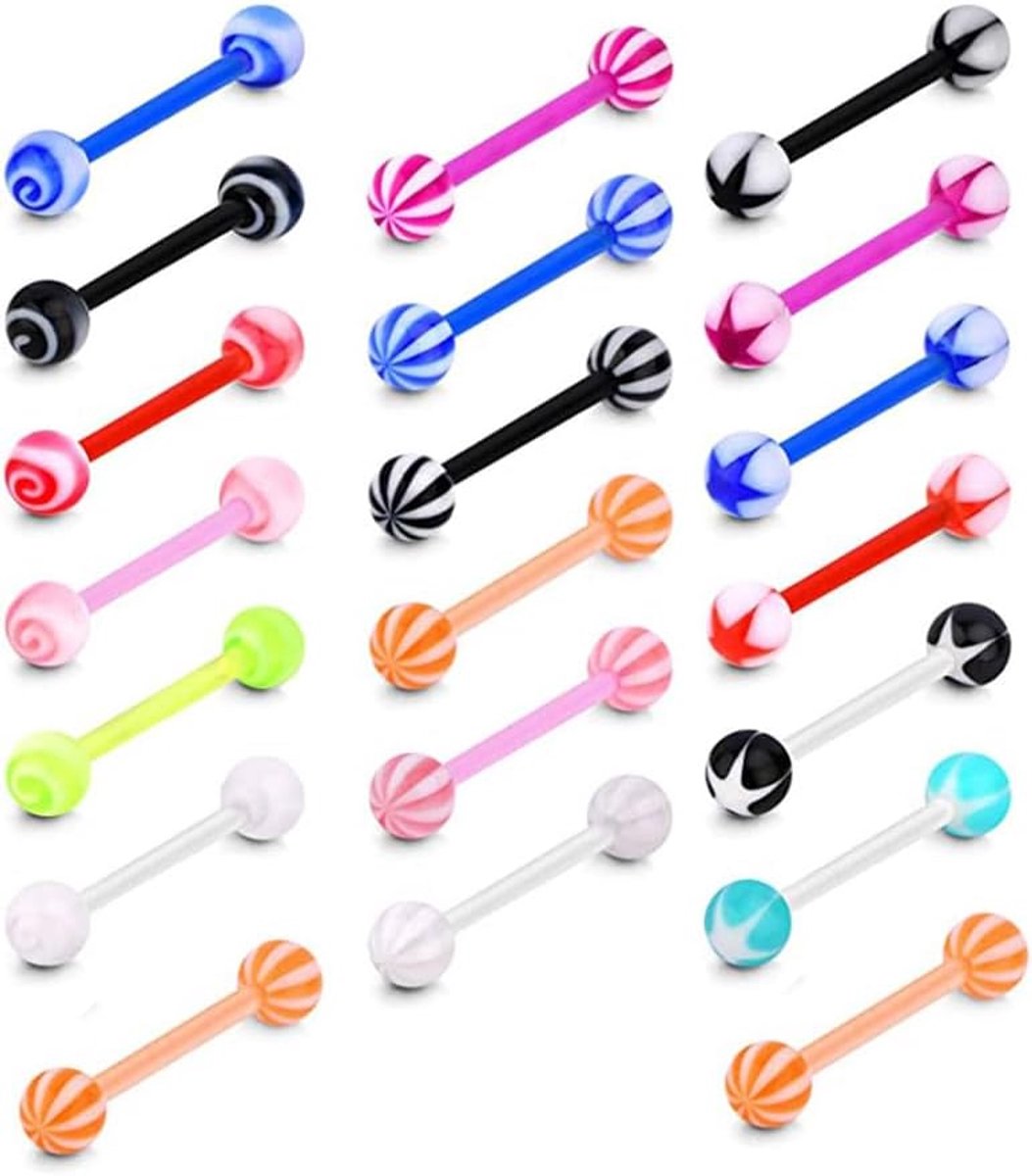 Set van 20 tongpiercings, tepelpiercing, flexibele tongpiercingstaaf van kunststof, tong- en tepelpiercingset