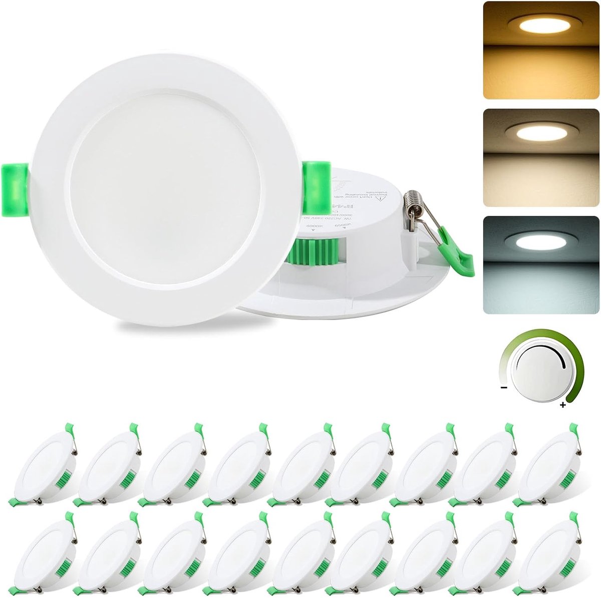 230 V, dimbaar, 7 W ledspots, gatgrootte 68 mm - 78 mm, 3000 K/4000 K/6500 K, instelbare kleurtemperatuur, plafondspots, IP44 spots, plafondlamp voor keuken, badkamer