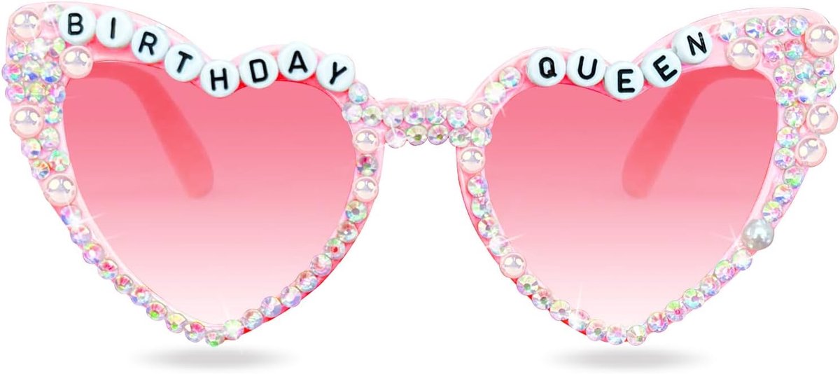 Verjaardagsbril voor vrouwen, verjaardagskoningin-zonnebril, roze hartvormige, glanzende bling-diamant-parelzonnebril voor vrouwen, verjaardagsfeestcadeau-accessoires