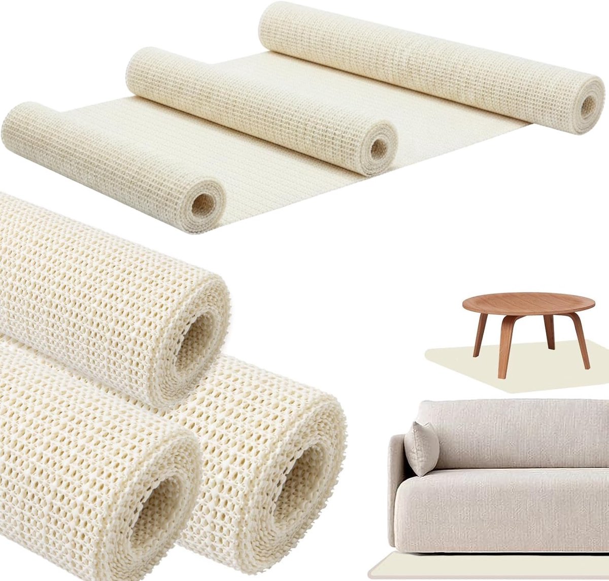 3 Stuks Anti-Slip Matten voor Tapijten – Snijdbare PVC Anti-Slip Onderleggers in 3 Maten (30x50/70x140/100x200 cm) – Anti-Glip Mat voor Lades, Planken & Dienbladen – Ivoorkleur
