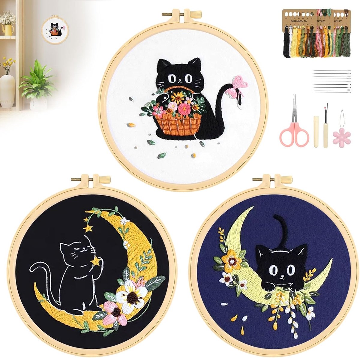 3 stuks kattenborduurset voor volwassenen en beginners, getelde kruissteekkits met kattenpatroon, hoepel, draad en naalden, beste knutselcadeaus voor vrouwen en tieners, borduurstarterkit hobby's voor