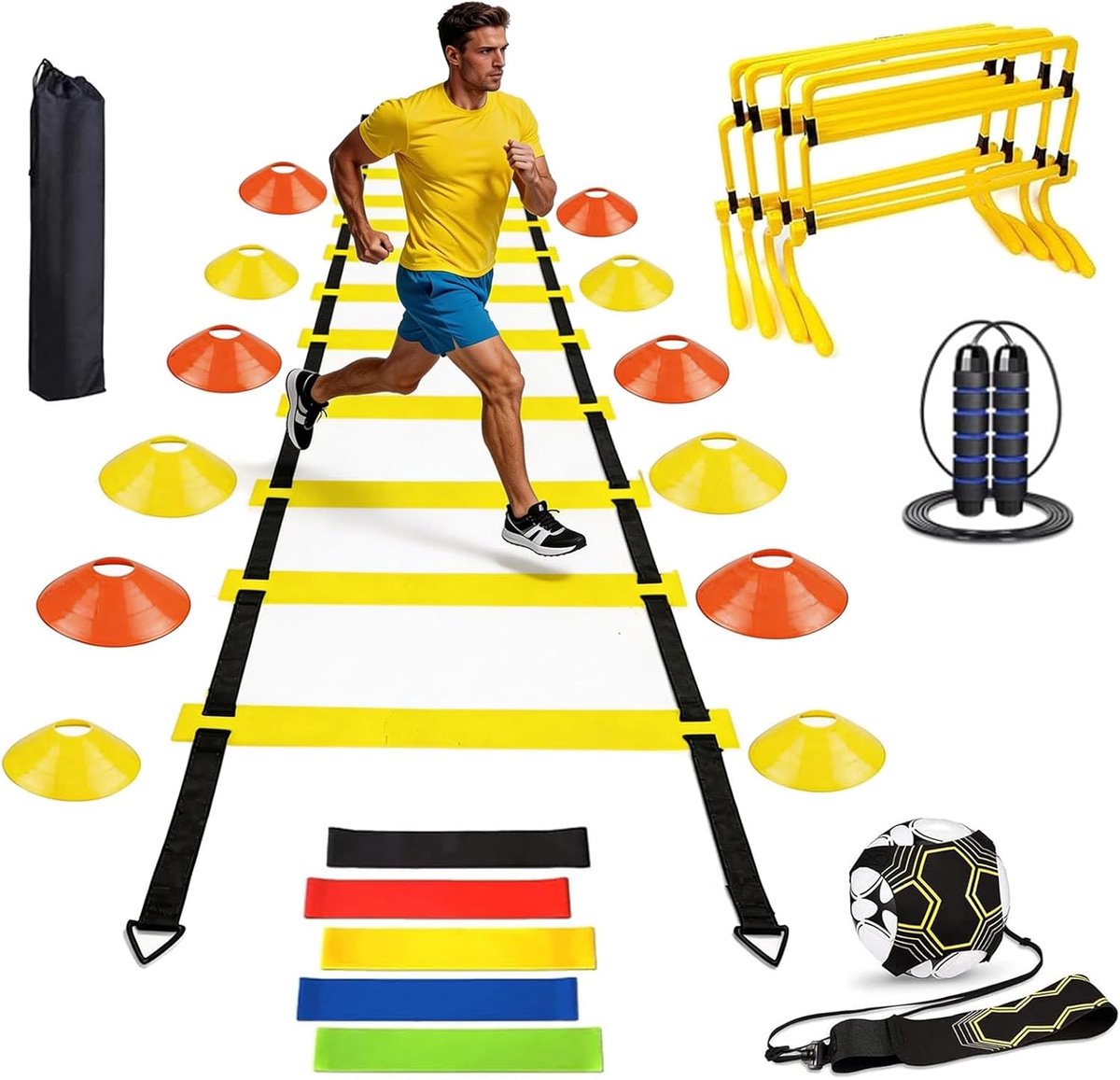 Voetbaltrainingsaccessoires, voetbaltrainingsset met 6 m coördinatieladder, 12 kegels, 4 horden, voetbaltrainer, springtouw, weerstandsbanden, voetbalcadeaus voor jongens en kinderen