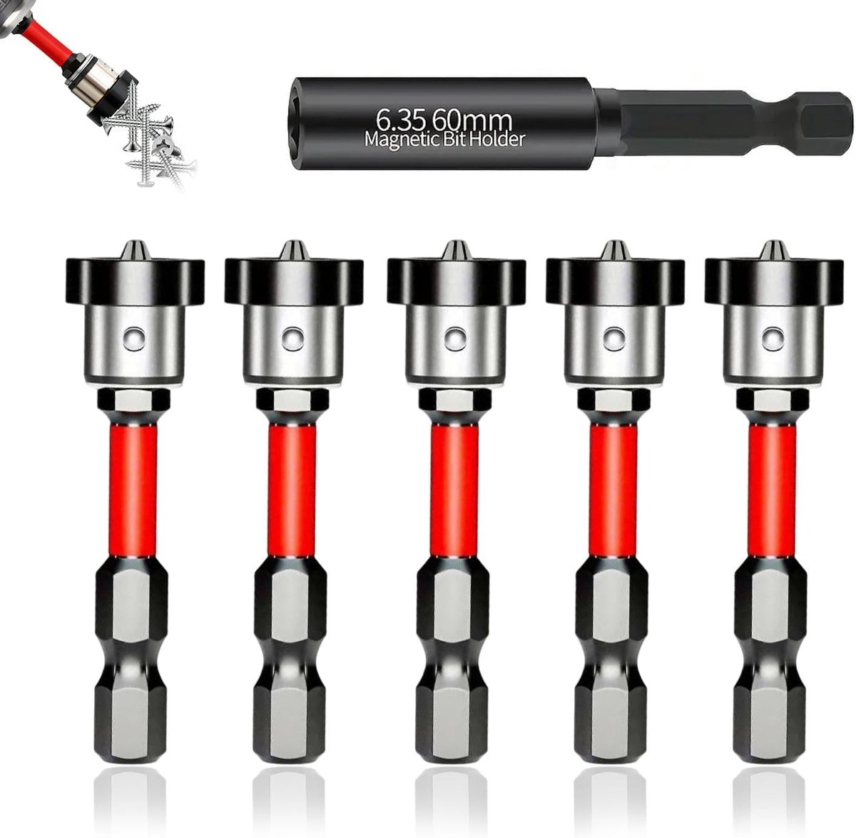 bit 5-delige set + verlengstang, met magnetische aluminium ring, 1/4 inch zeskantschacht voor gipsplaatschroevendraaier, rigips schroeven en platen, stabiel voor het verzinken van