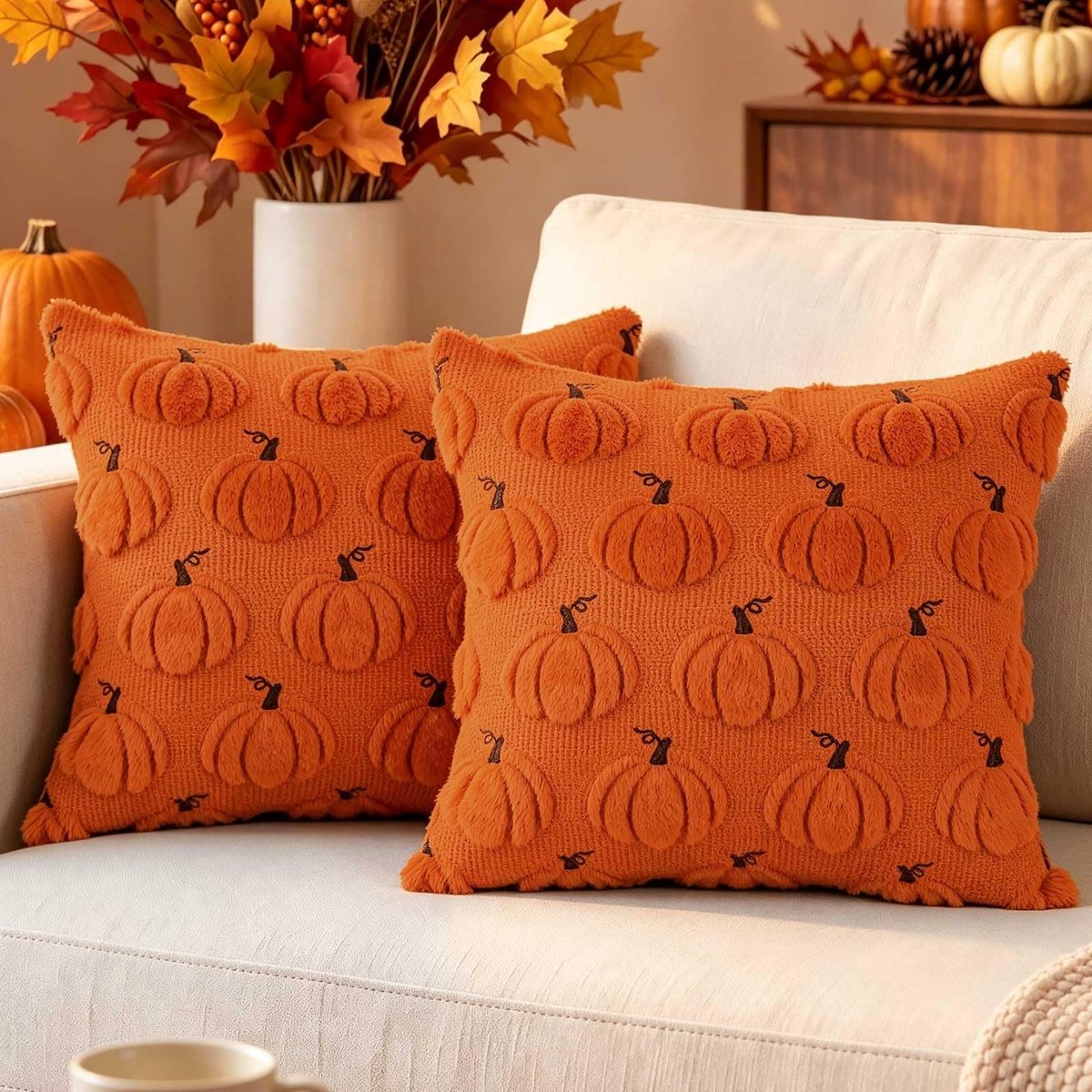 Omgoods - Set van 2 Herfst Kussenslopen 40 x 40 cm - Pompoen Decoratieve Kussenhoezen voor Woonkamer en Slaapkamer