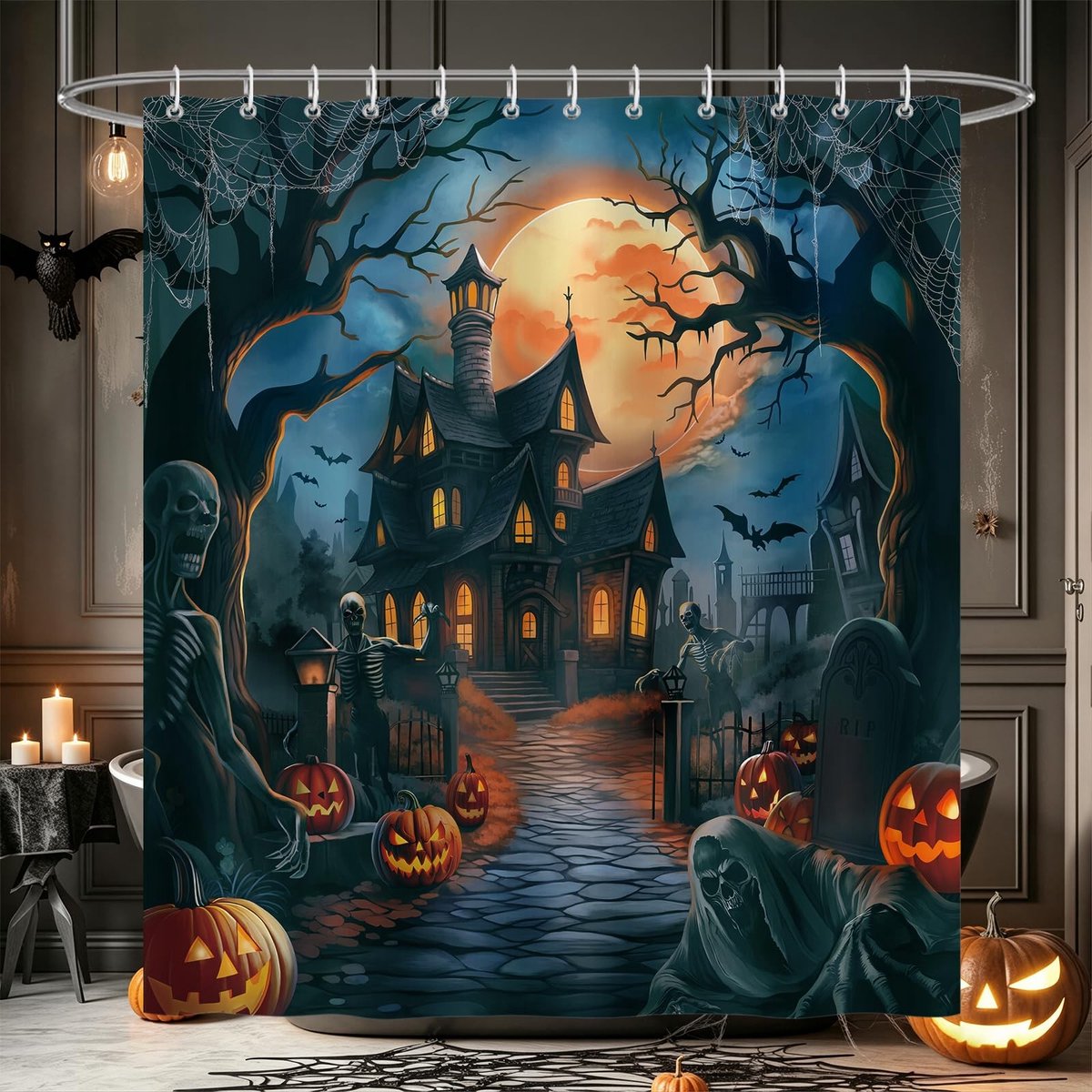 Omgoods - Halloween Douchegordijn 180 x 180 cm met Pompoen en Geesten