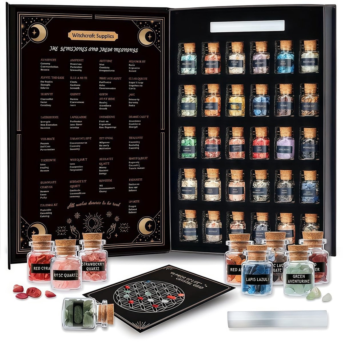 Omgoods - Set van 30 Mini Kristallen Flesjes met Kurk en Edelstenen - Wensflesjes voor Meditatie en Decoratie