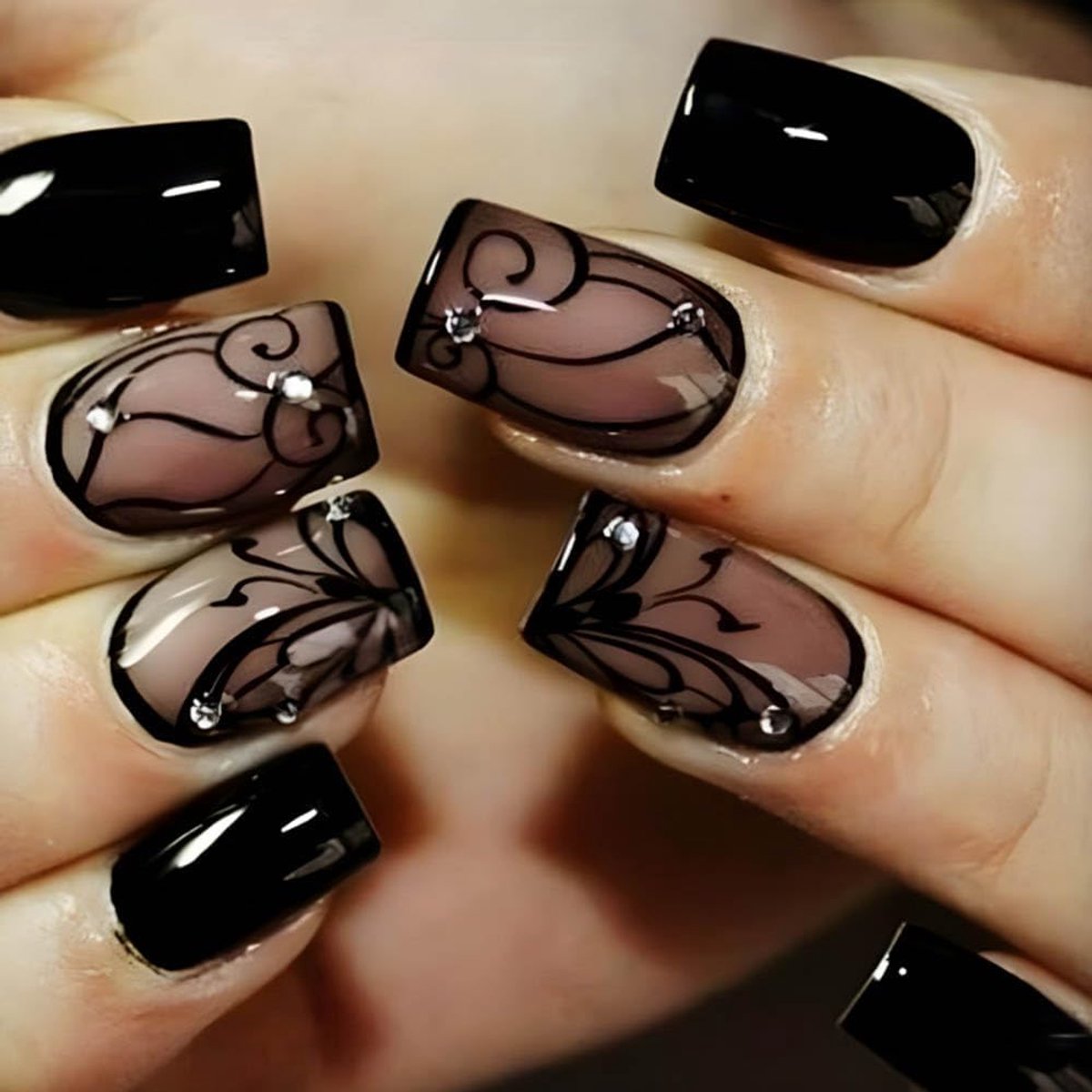 24 kunstnagels, zwarte ranken, diep vlinderpatroon, kunstnagels, geboord op vrouwelijke nagels (B, 24)