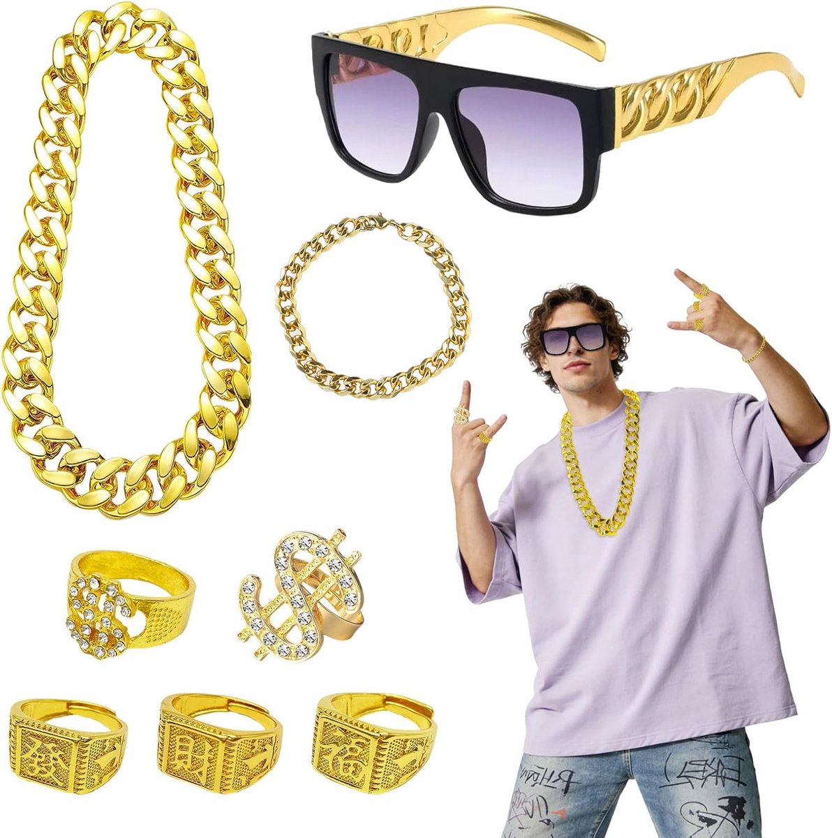 8 stuks hiphop feestdecoraties, hiphopkostuum, jaren 80 90 hiphop verkleedkleding, rapper verkleedaccessoires, hiphop nep dollarringen, nep gouden ketting, hippie bril
