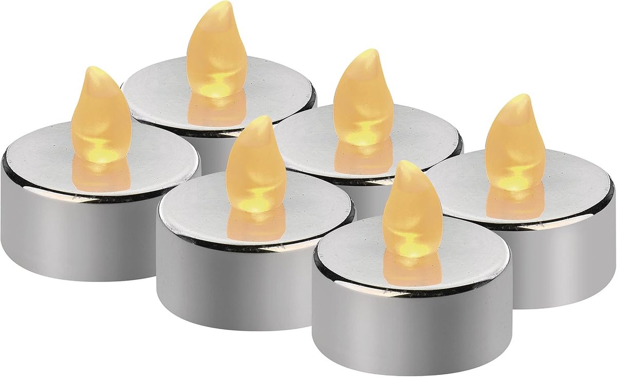 Led-theelichtjes, zilver, 6 stuks, vlamloze kaarsen met flikkereffect, decoratie voor Kerstmis, kerstboom, Allerheiligen, IP20 voor binnen, met batterij, warmwit DCCV12