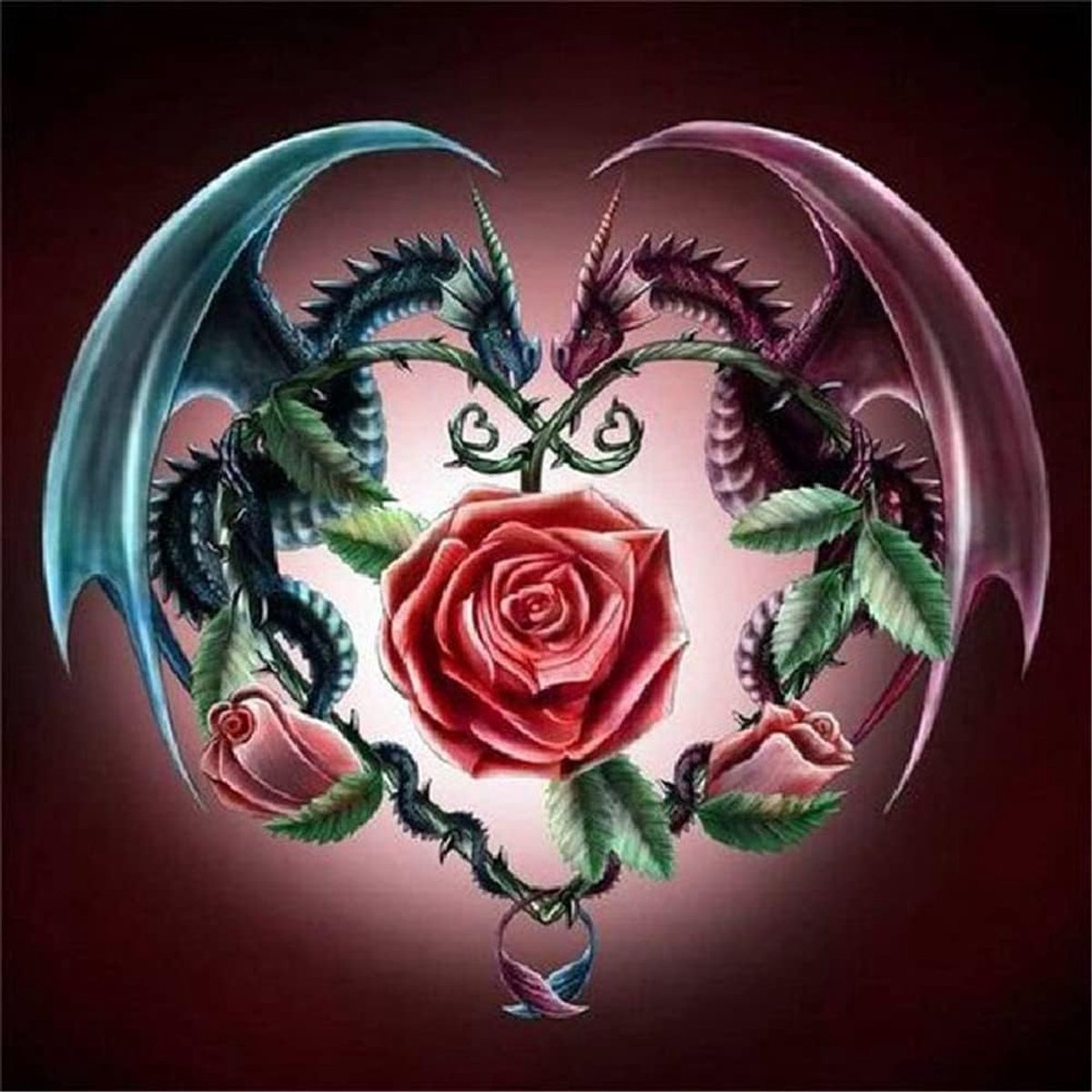 kruissteekset, 11-draads, geprent, draak- en roosmotief, borduurset met accessoires, voorbedrukt (36 x 36 cm) (draak en roos)