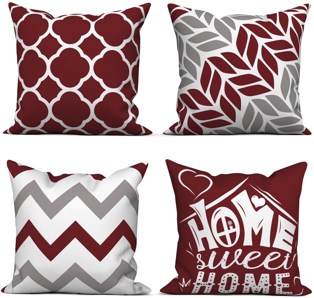 Omgoods - Set van 4 Geometrische Kussenhoezen 40x40cm Rood-Wit