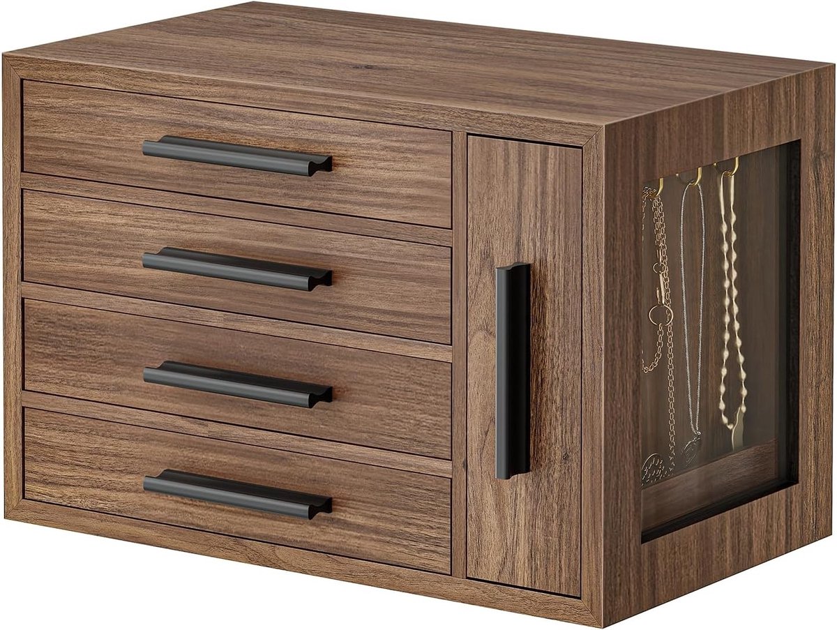 Houten Sieradenbox voor Dames, Transparante Organiser voor Oorbellen en Sieradenopslag, Perfect voor Accessoires en Cadeaus