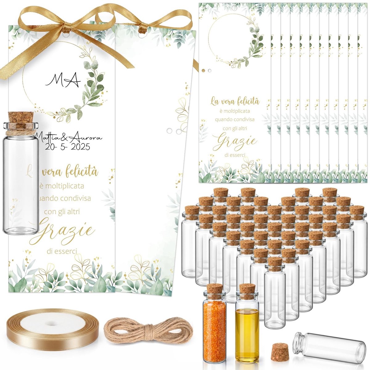 Omgoods - 30 Stuks Eucalyptus Glazen Flessen met Kurken Stoppen - Tafelmarkers voor Bruiloften en Feesten