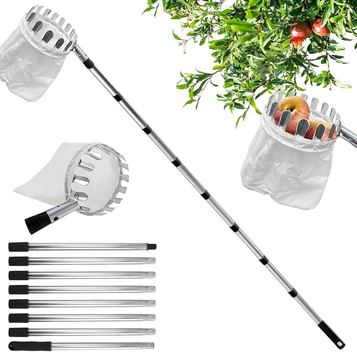 diameter 16 cm, 3 m appelplukker, kersenplukker met lichte roestvrijstalen telescoopsteel en katoenen zak, voor het oogsten van appel, citrus, perzik, enz