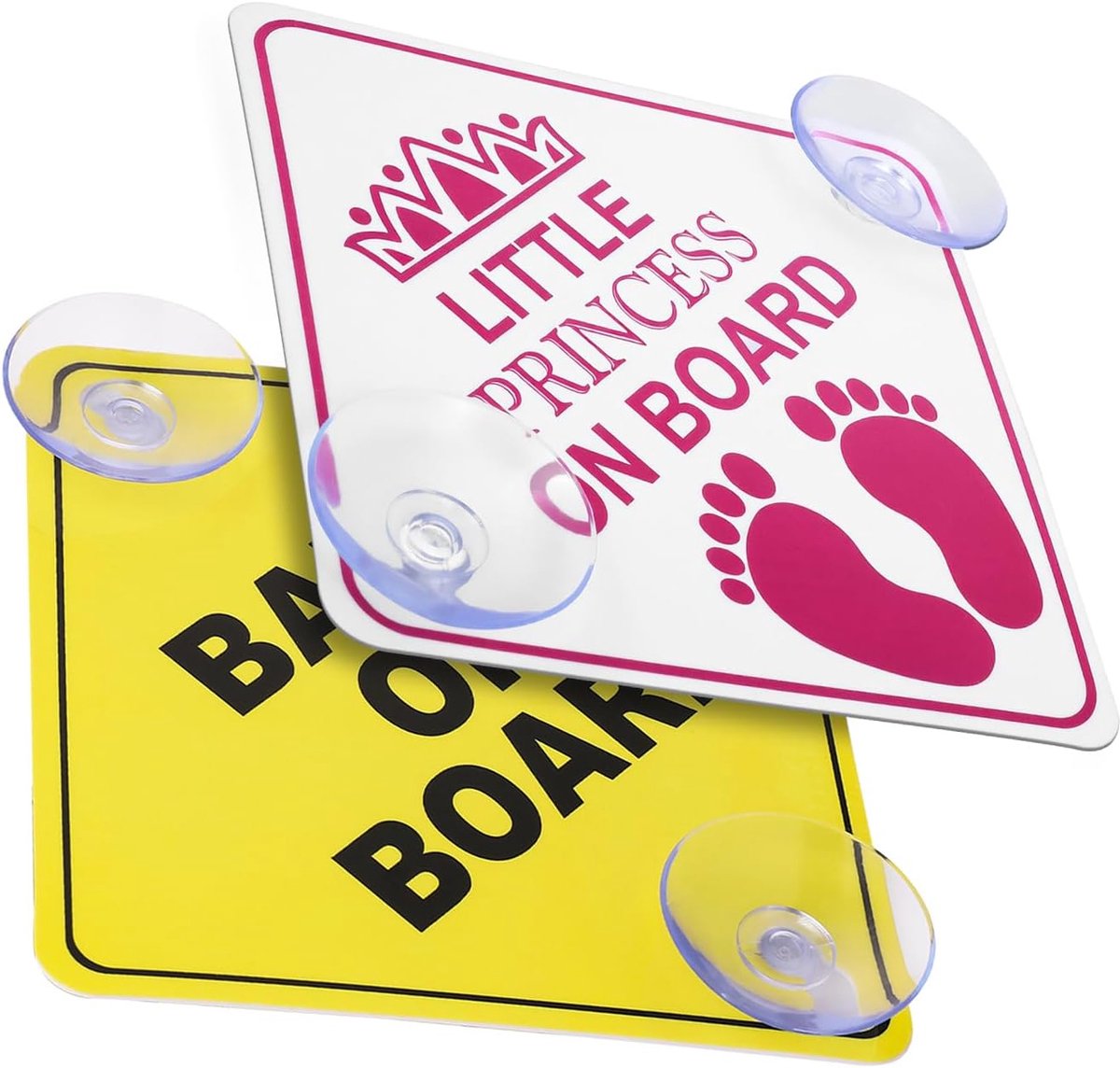 2 stuks veiligheidswaarschuwingsborden in de auto, baby aan boord, kleine prinses aan boord, autosticker met dubbele zuignappen voor raambevestiging, 12,7 x 12,7 cm (geel, roze)