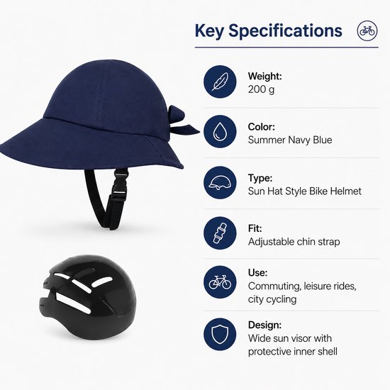 Trendy Fietshelm met Zonneklep - Fietshelm in Hoed Stijl voor Dames en Heren - Stijlvolle Veiligheidscap voor Woon-werkverkeer en Recreatieve Fietstochten - Zomer Marineblauw van trendy — afbeelding 2