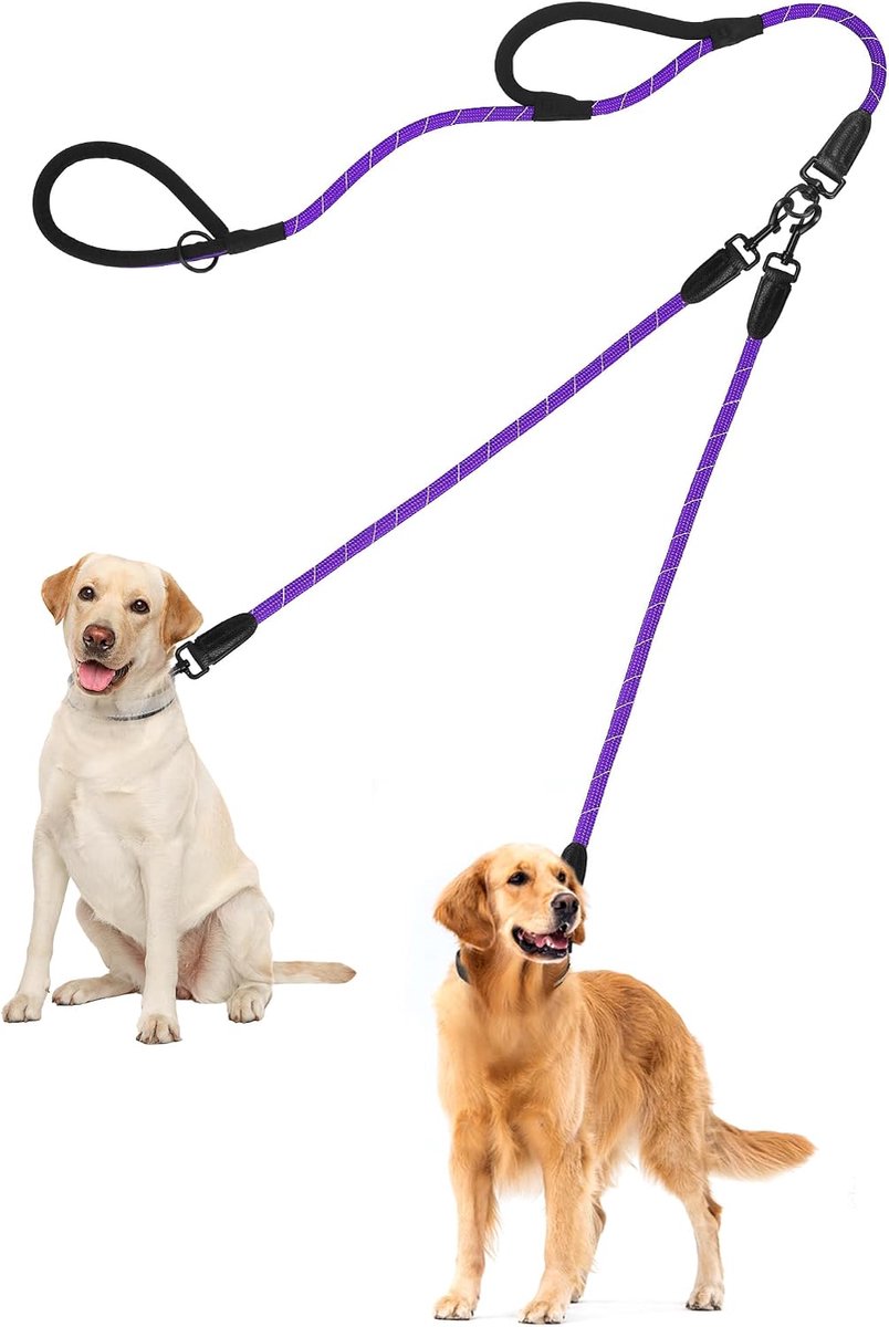 Dubbele hondenriem, geen wirwar dubbele riem, reflecterende wandeltraining lijn met twee comfortabele gewatteerde handgrepen, loodkoppeling voor middelgrote en grote honden