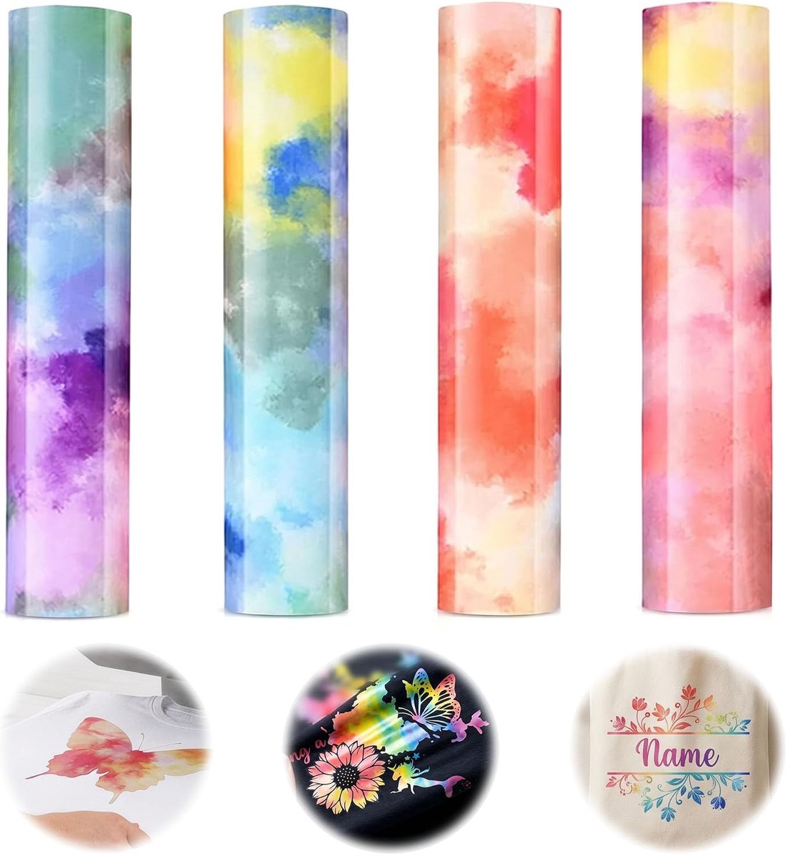 Plotterfolie voor textiel, 4 stuks, strijkfolie, regenboog, flexfolie, plotterfolie, textiel, kleurrijk, vinylfolie voor doe-het-zelf T-shirts en textiel, 30 x 25,5 cm, warmteoverdracht vinyl