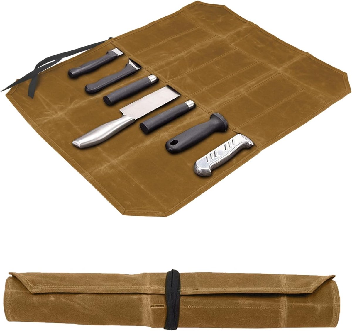 messentas, rol van gewaxt canvas, met 7 vakken, voor keuken, camping, vissen, jagen, Kaki, 44 x 56 cm, Duurzaam