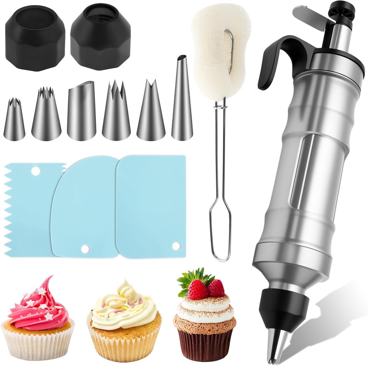 13 stuks taartspuit, garneerspuitset van roestvrij staal met 6 spuitmonden en 3 crèmeschrapers, taartaccessoires, complete taartdecoratieset, herbruikbare taartspuit voor koekjes, cupcakes