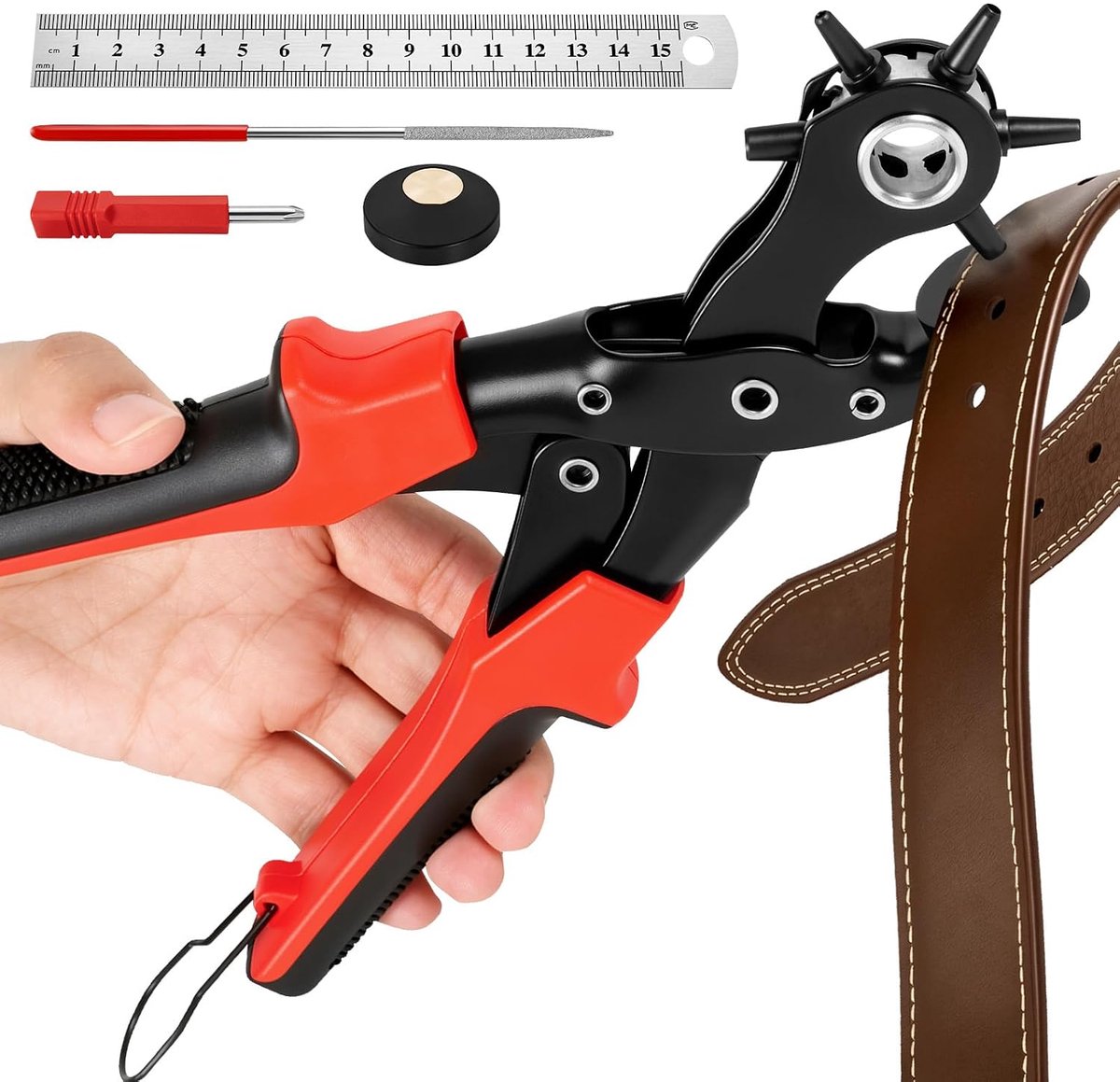 Gatentang voor leer, gatentang met 6 gatmaten, 2-2,5-3-3,5-4-4,5 mm, koolstofstaal, riemperforator, tang, lederset met liniaal, slijpstaaf voor horlogebandjes, tassen, portemonnees, kleding