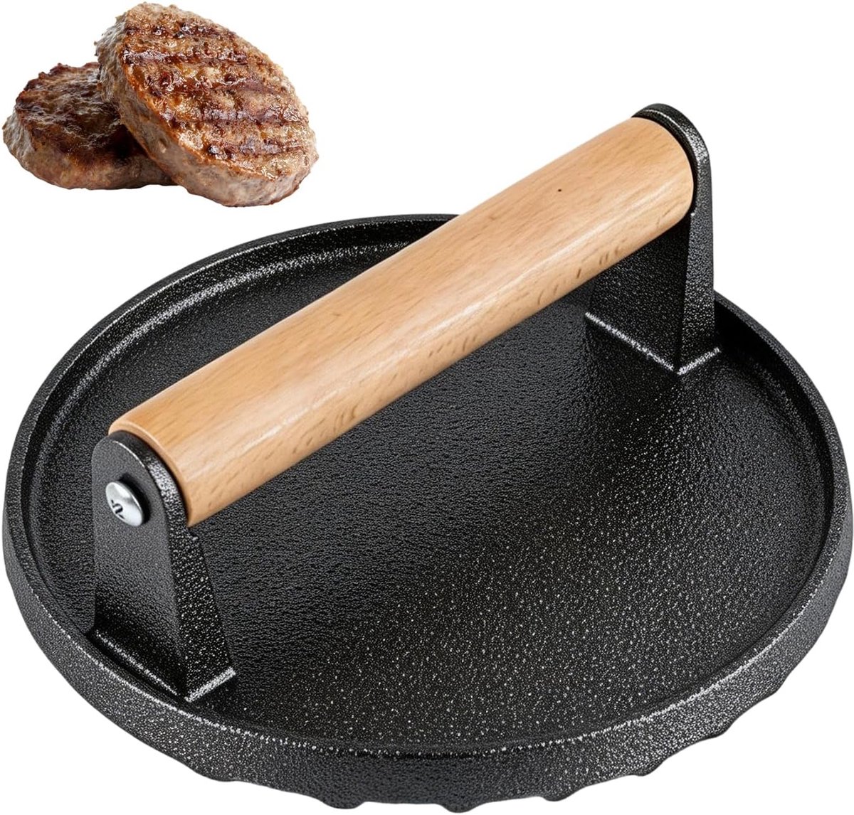 gietijzer, rond – Smashburgerpers ∅15,2 cm – Zware burgerpers met houten handgreep – Ideaal voor steaks, burgers, vlees, spek, sandwiches, worstjes
