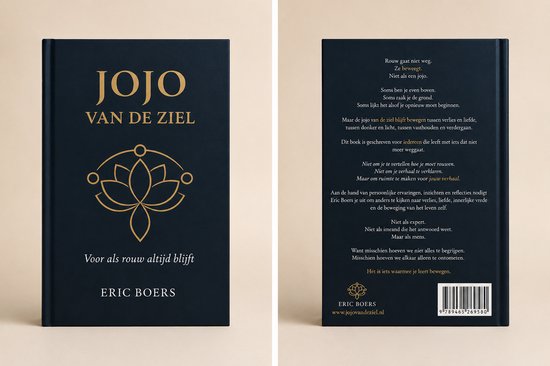 Boek 'Jojo van de Ziel' door Eric Boers, met een gouden lotusbloem op de donkerblauwe kaft. Titel en naam in goudfolie.