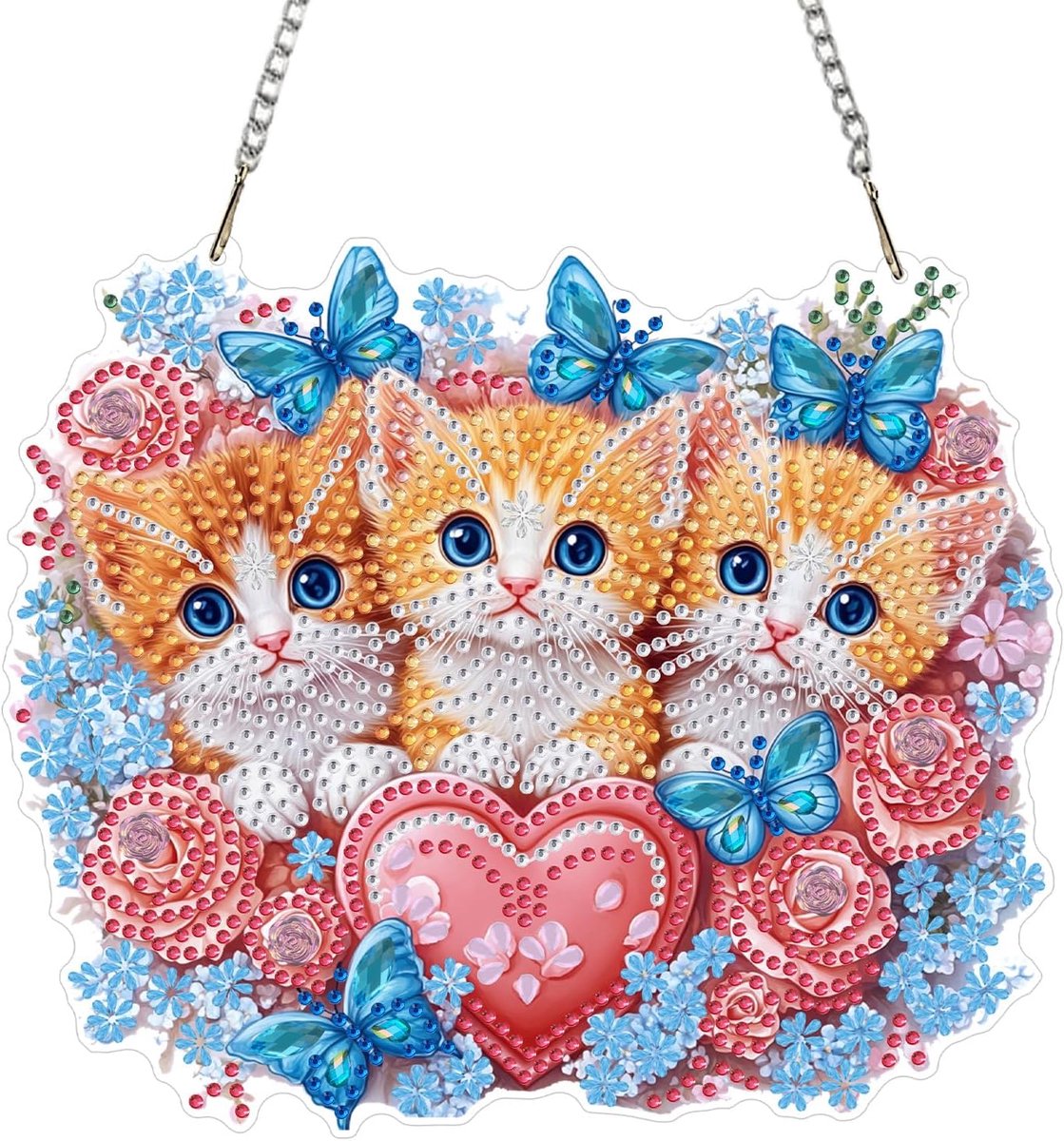 Kitten Diamond Painting, roze vlinders diamant schilderij hanger voor volwassenen beginners, speciale vorm strass ornament hangende raam deur decoratie, breedte 20 cm