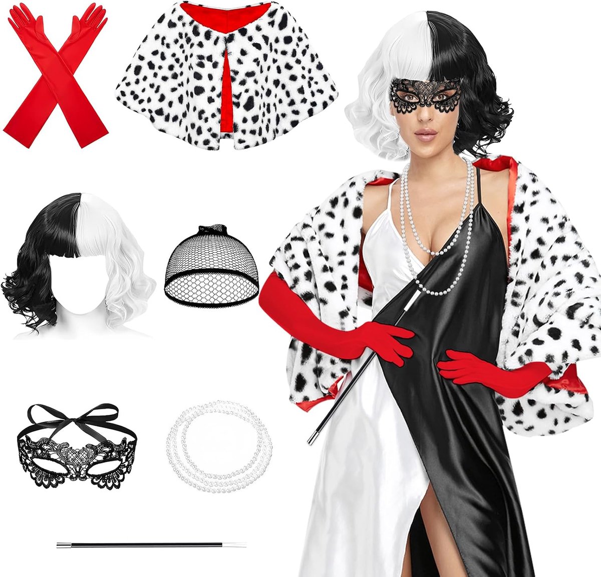 Devil kostuum voor dames, zwart en wit duivelskostuum voor dames, duivelskostuum voor volwassenen met pruik, nepsjaal, rode handschoenen, kanten masker, parelhalsketting, houder