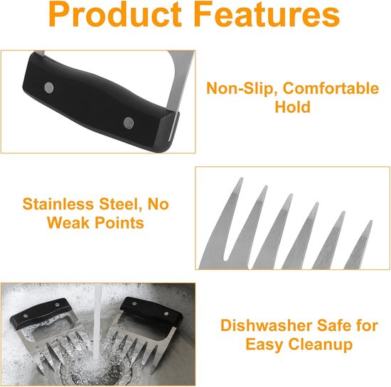 2 stuks vleesklauwen Pulled Pork, Pulled Pork klauwen, Pulled Pork-vorken roestvrij staal, Pulled Pork klauwen vorken grillaccessoires mannen cadeau Eat Claws voor het plukken en fixeren van vlees — afbeelding 4