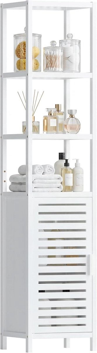Armoire de rangement de salle de bain, organisateur de tour debout en lin haut et étroit en bambou avec porte d’obturateur et 4 étagères ouvertes pour la cuisine, le salon, blanc